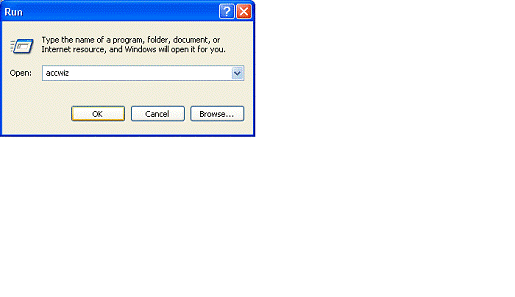 Screenshot of the Run dialog box with "accwiz" typed in the Open box.