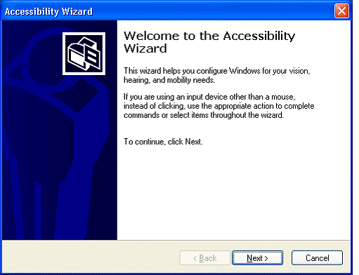 Screenshot of the "Welcome to the Accessibility Wizard" screen.